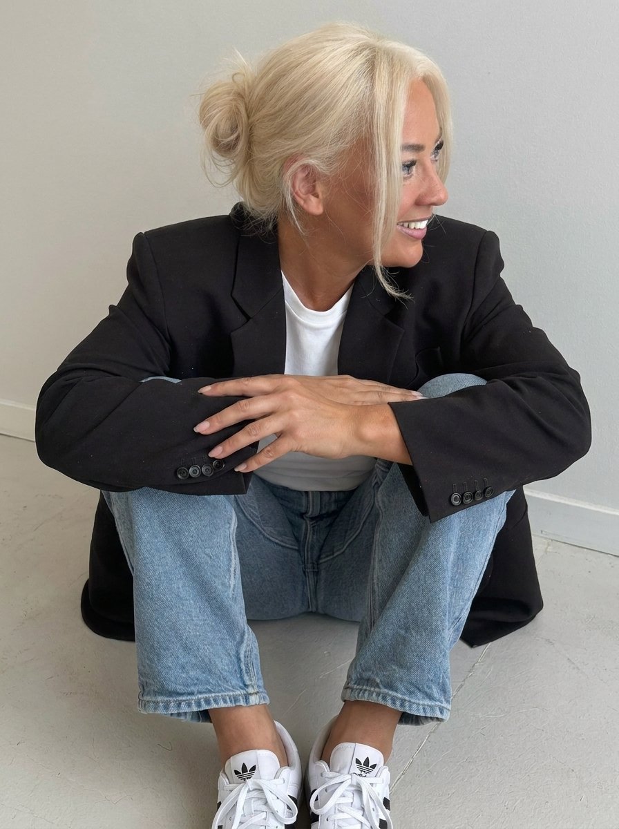 Claire sitting with her arms resting on her knees, looking to the side.