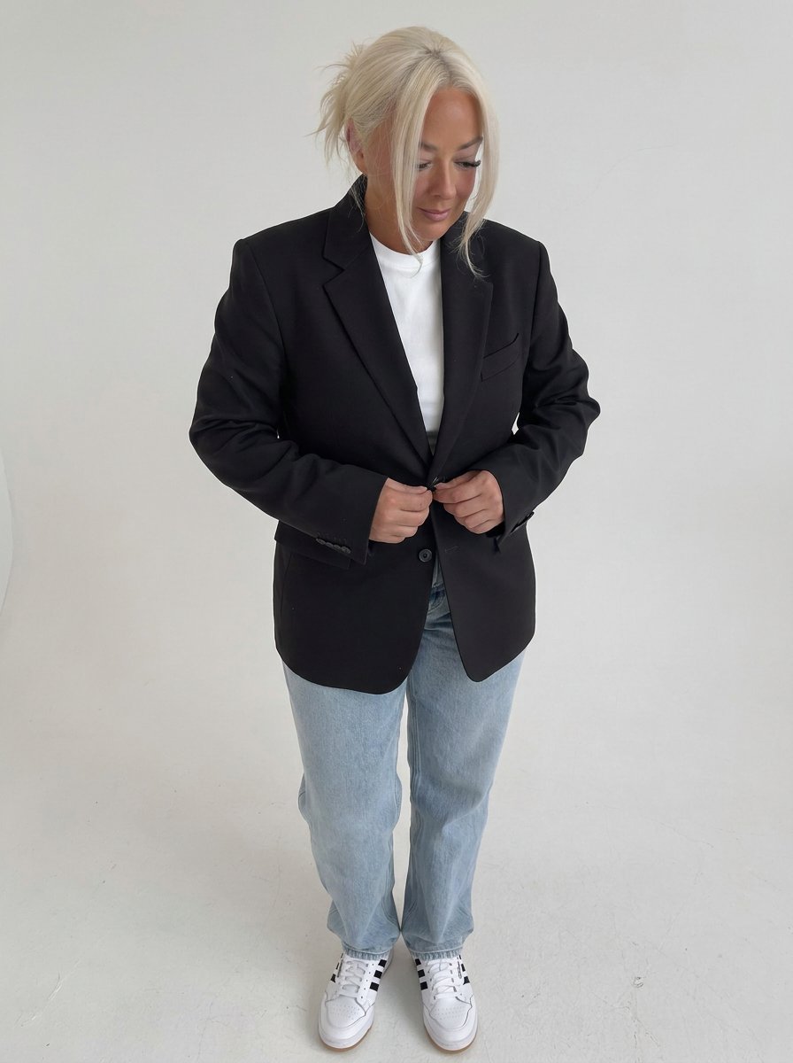 Claire standing in a black blazer, white top and jeans.